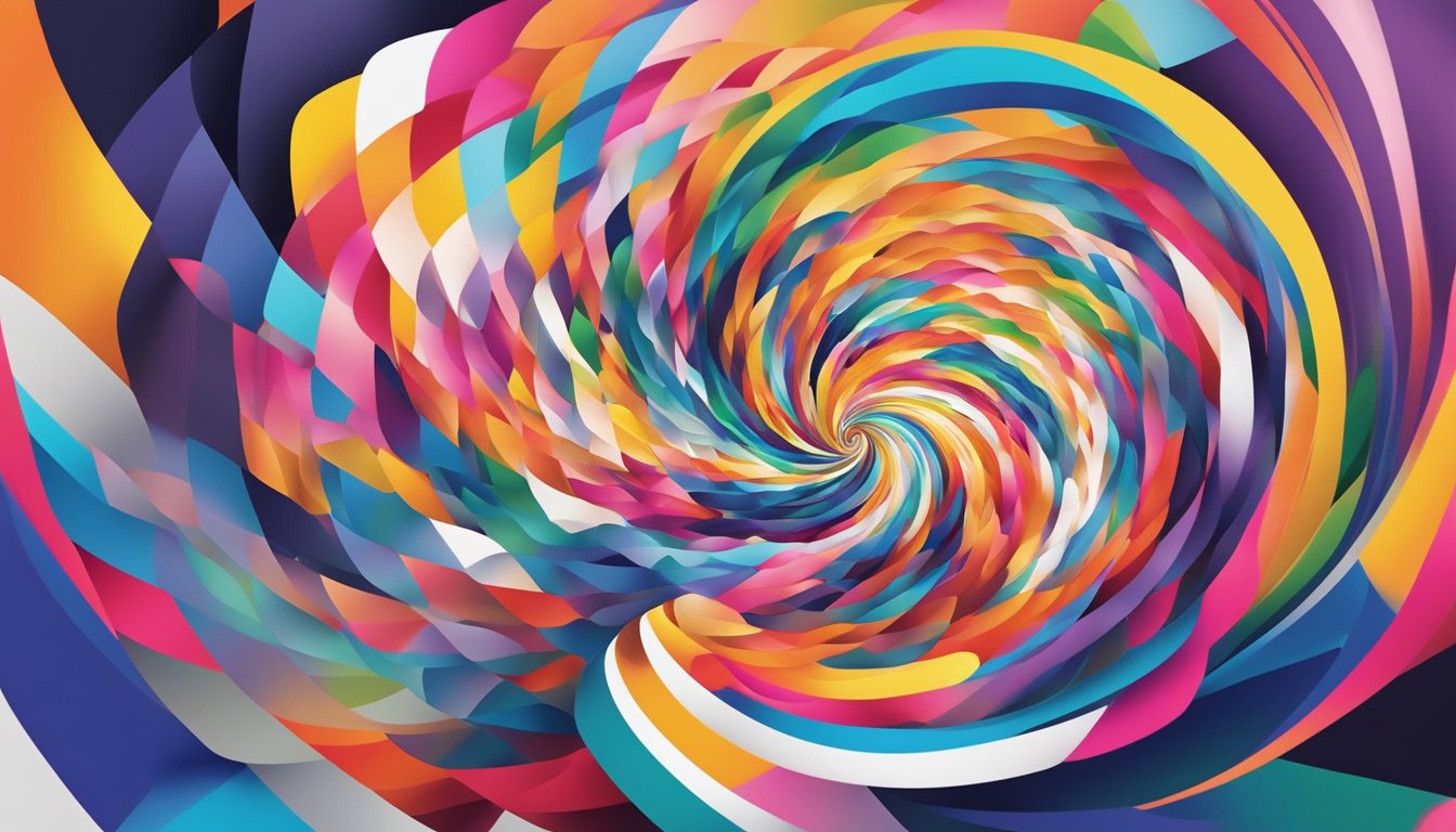 Luxury brand logos swirling in a vortex of vibrant colors and abstract shapes, symbolizing innovation and creativity within Richemont Group brands