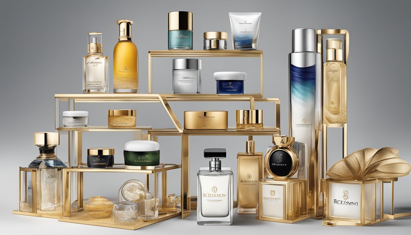 A luxurious display of Richemont Group brand products arranged in a strategic and organized manner, showcasing the elegance and sophistication of the various items