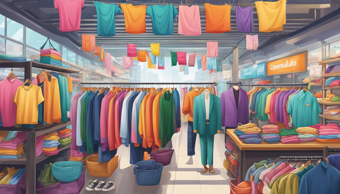 A vibrant display of local clothing brands in a bustling Singapore market, with colorful garments hanging on racks and vibrant signage catching the eye