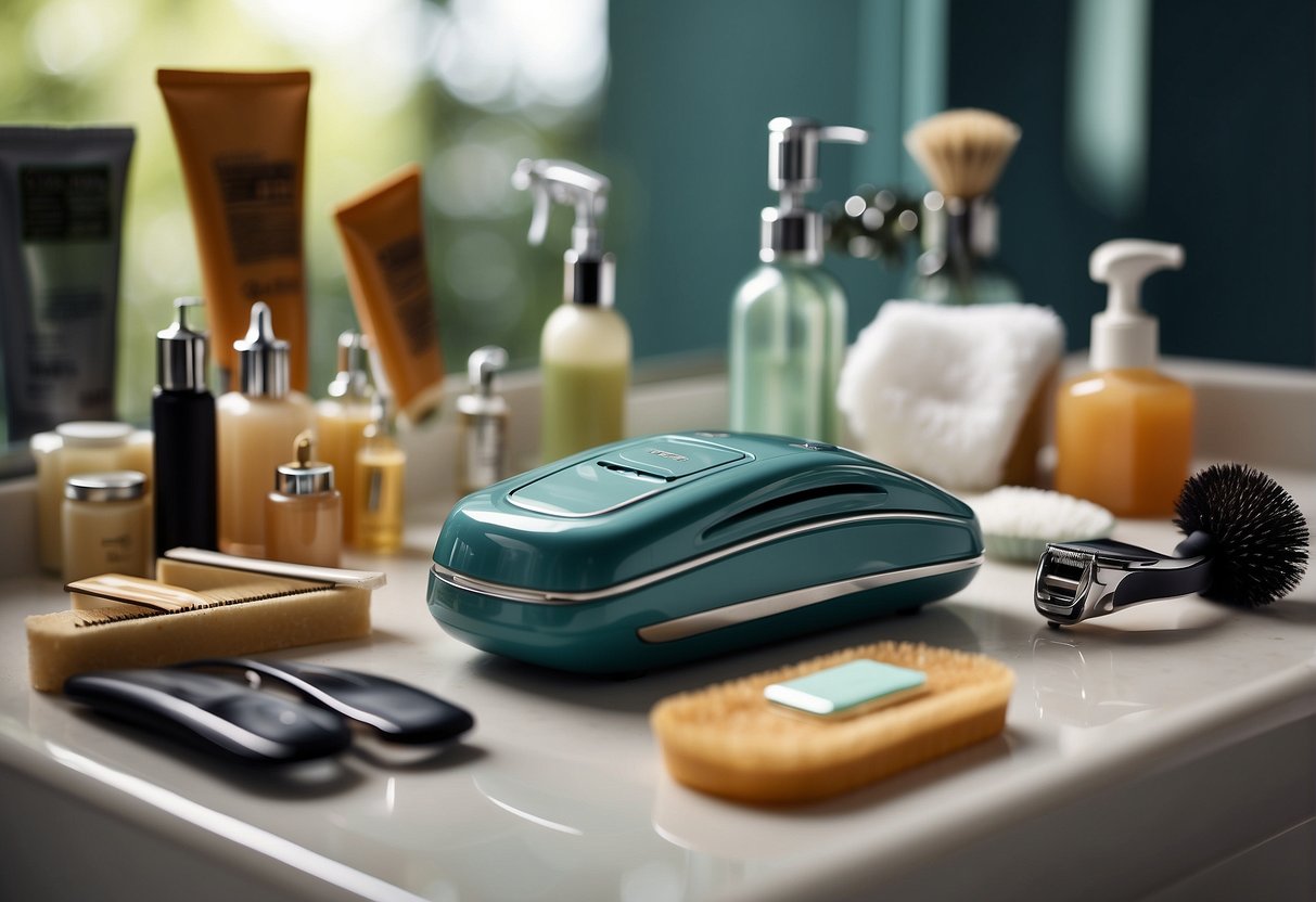 A bathroom counter with a variety of hair removal products and tools, such as razors, waxing strips, and trimmers, scattered across the surface
