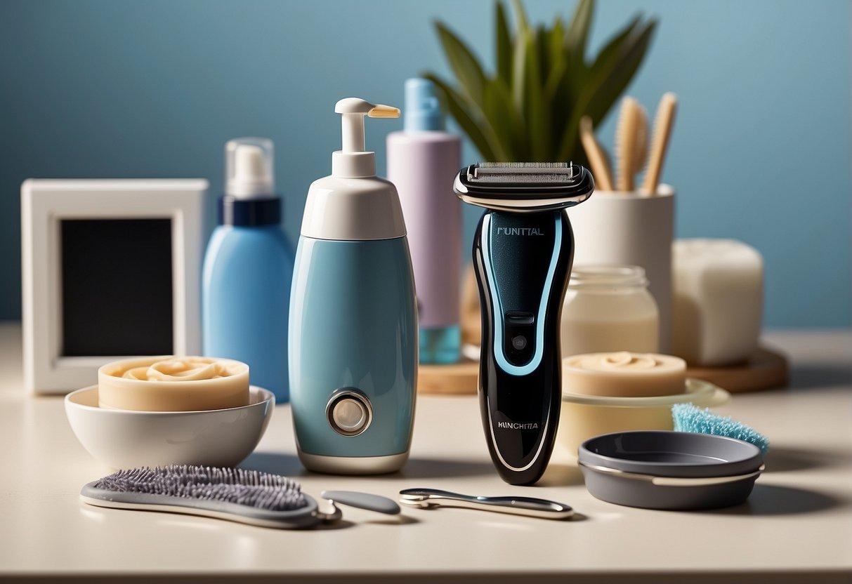 A scene depicting various hair removal methods for pubic hair, including waxing strips, shaving cream, and an electric trimmer on a clean, neutral background