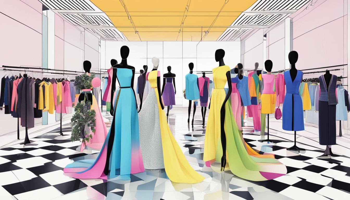 A vibrant runway with iconic fashion brands' logos displayed on a backdrop, surrounded by stylish mannequins showcasing the latest collections