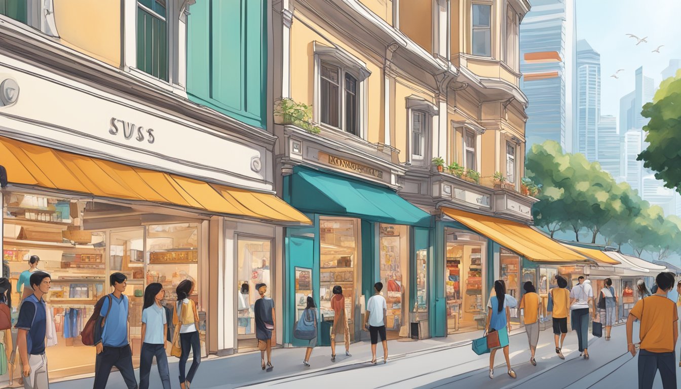Vibrant storefronts showcase iconic Singaporean clothing brands in a bustling shopping district. Traditional and modern designs draw in a diverse crowd