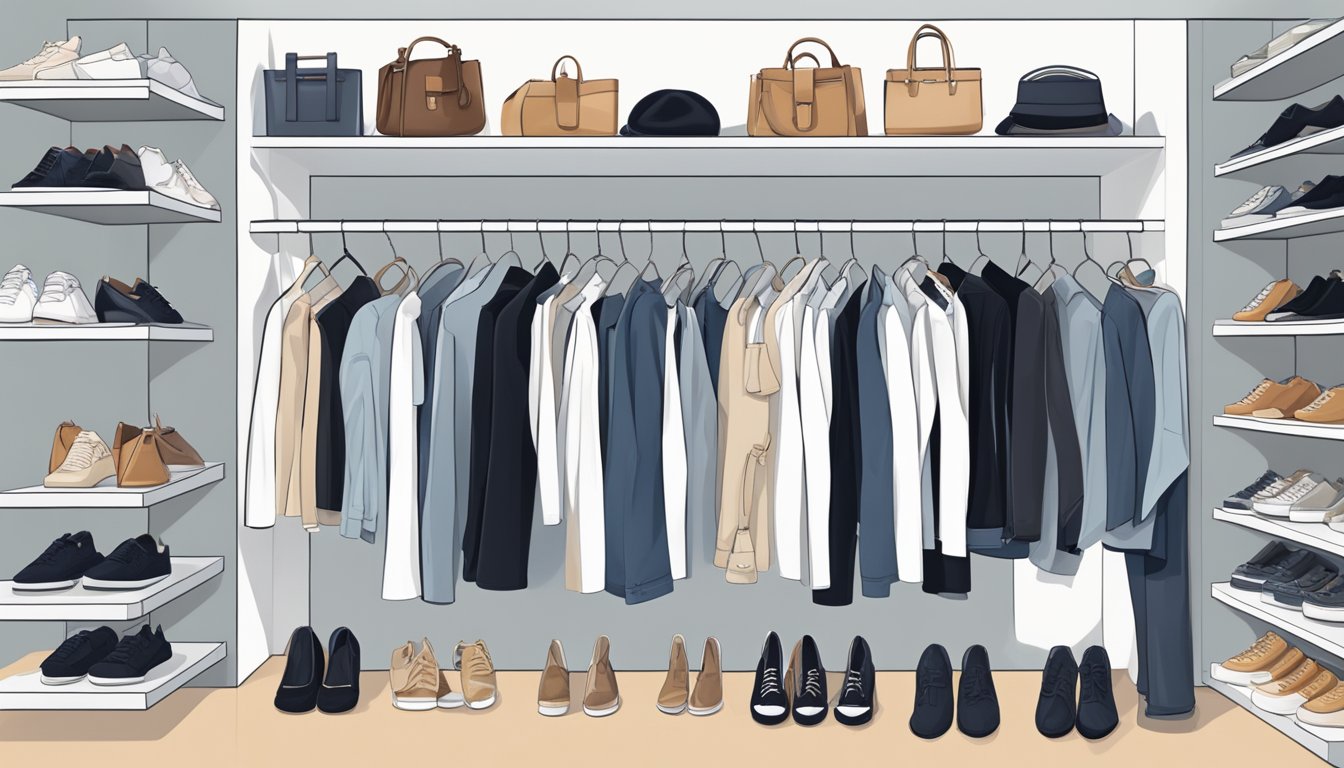 A closet with neatly organized fashion staples: denim jeans, white t-shirts, little black dresses, classic blazers, and versatile sneakers