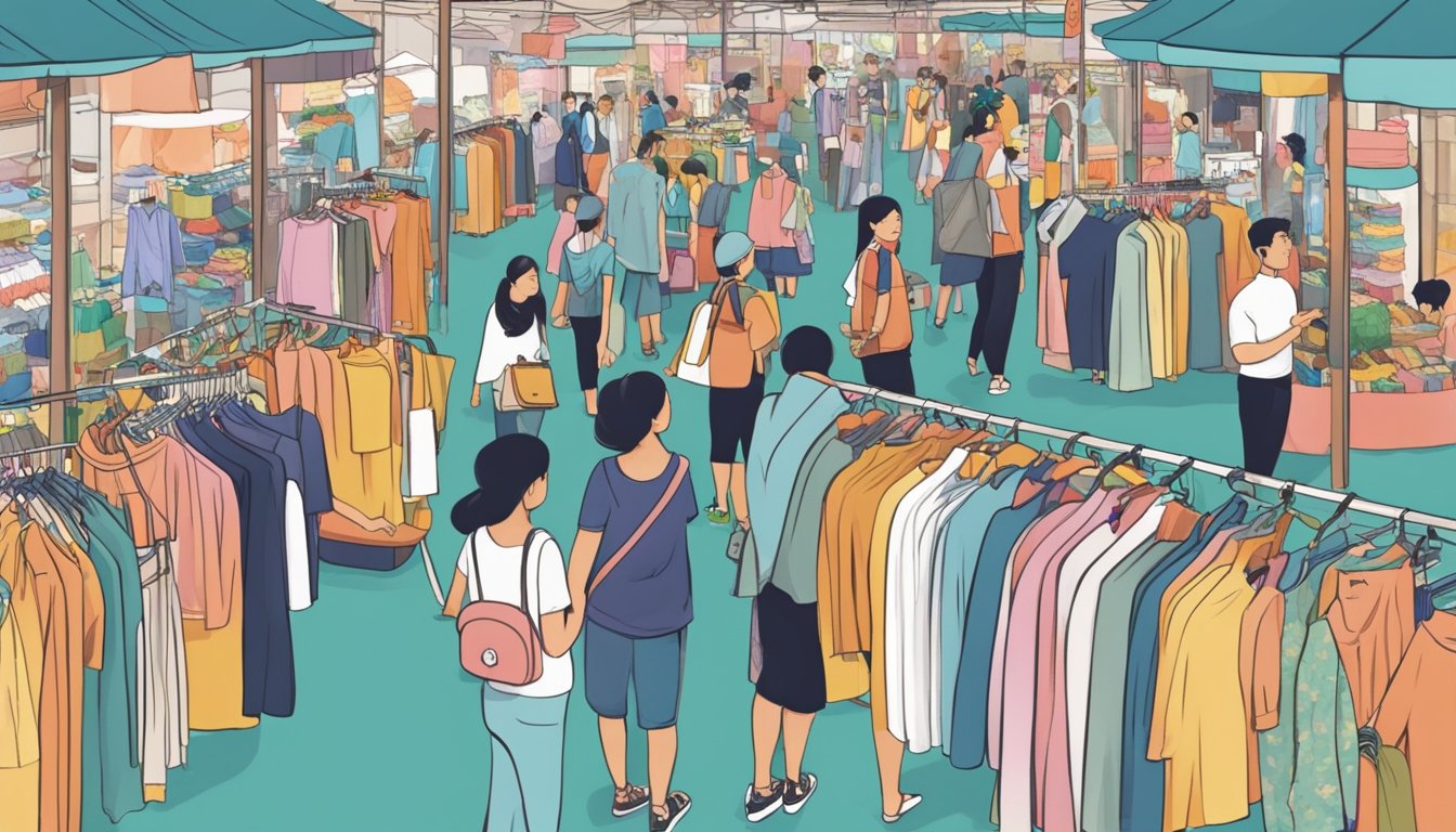 A bustling marketplace with colorful stalls showcasing local clothing brands in Singapore. Customers browse through racks of unique and stylish garments, while designers proudly display their creations