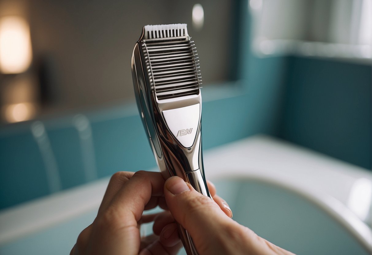 A woman shaving her pubic hair with a razor in the shower