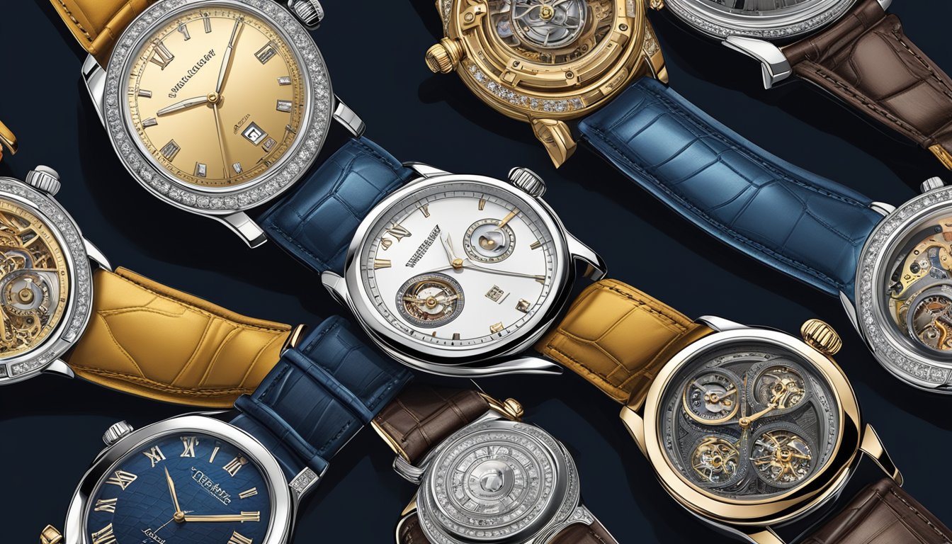 A collection of luxury watches displayed on velvet cushions, each adorned with intricate details and shining with opulence