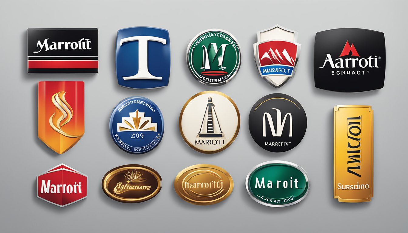A row of Marriott hotel logos, each with distinctive branding, displayed on a wall or sign