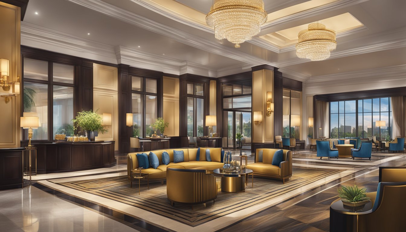 A lavish hotel lobby with opulent decor and elegant furnishings, featuring the distinctive logos of Marriott's Luxury Brands