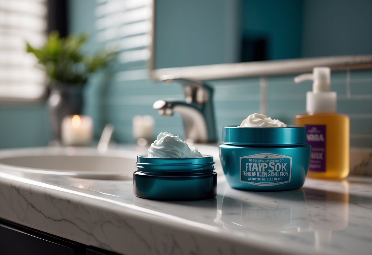 A woman's razor next to a bottle of shaving cream on a bathroom counter