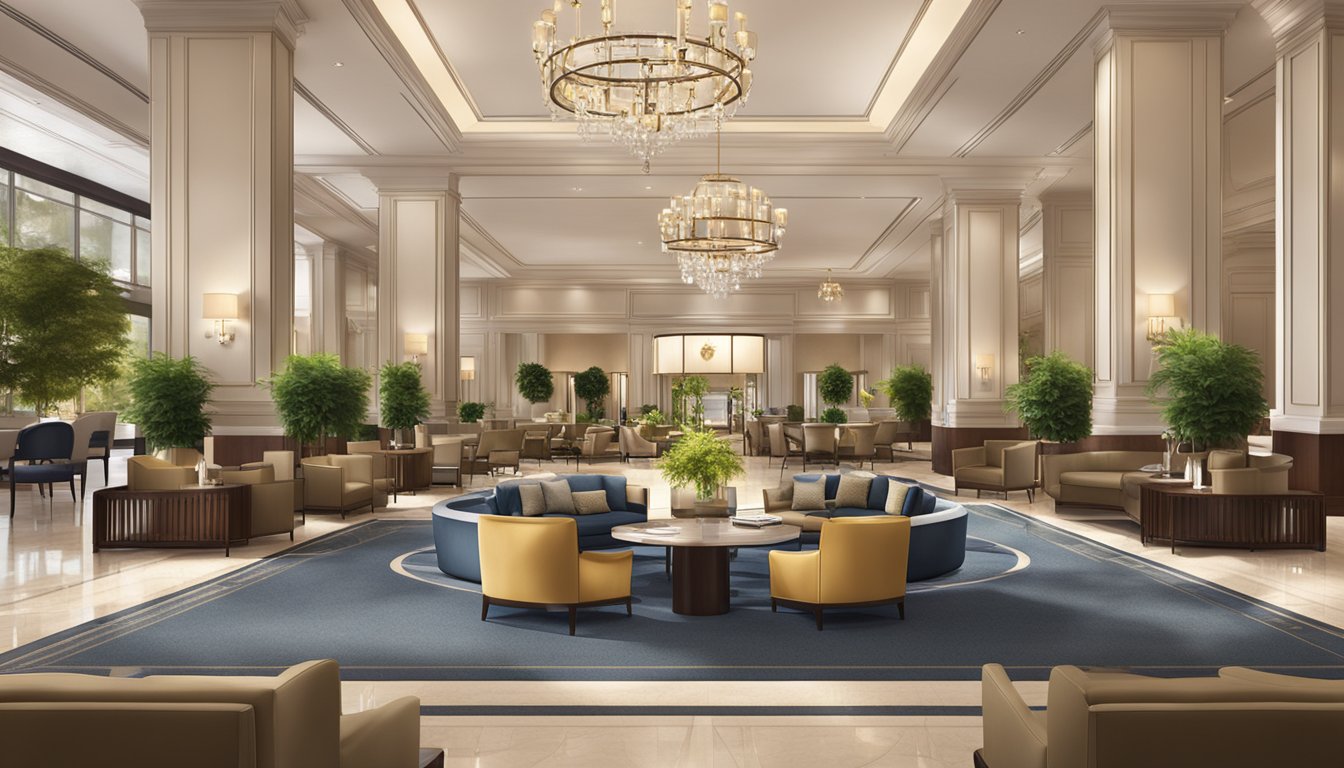 A luxurious hotel lobby with prominent signage for "Premium and Classic Brands Marriott" brands. Elegant decor and comfortable seating areas