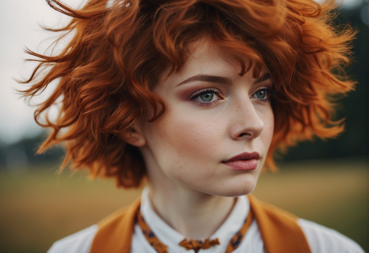 The fiery red pubic hair stands out against the pale skin, a vibrant and striking contrast