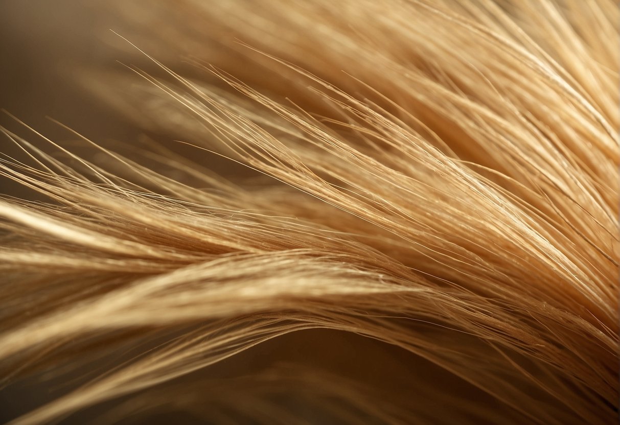 A close-up of blonde pubic hair, varying in length and texture. Shades range from light golden to pale yellow