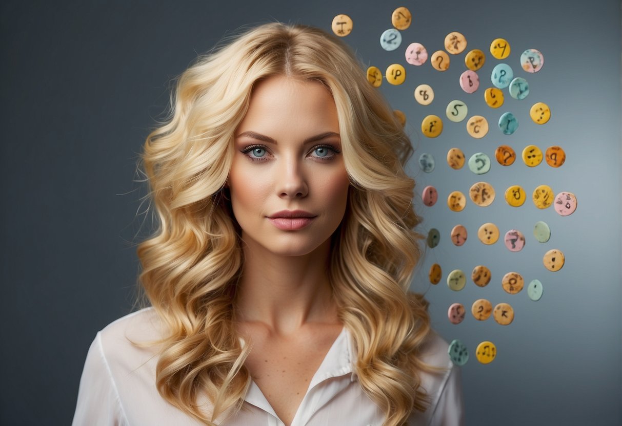 A blonde figure with a question mark above their head, surrounded by colorful pubic hair samples