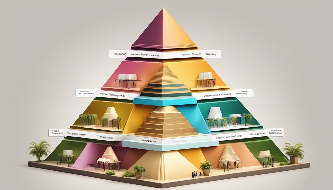 A luxurious pyramid with "Frequently Asked Questions" displayed at the top, followed by tiers of high-end brands descending to more affordable options