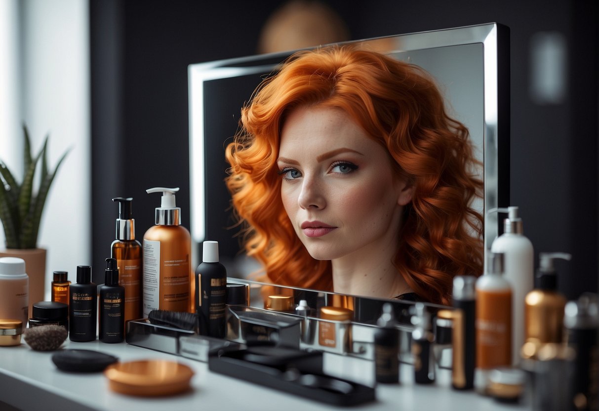 A red-headed figure with vibrant pubic hair, surrounded by grooming products and a mirror
