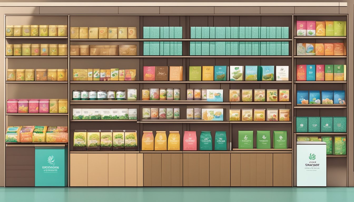 A colorful display of Singapore tea brand packaging arranged on shelves in a modern, minimalist store setting