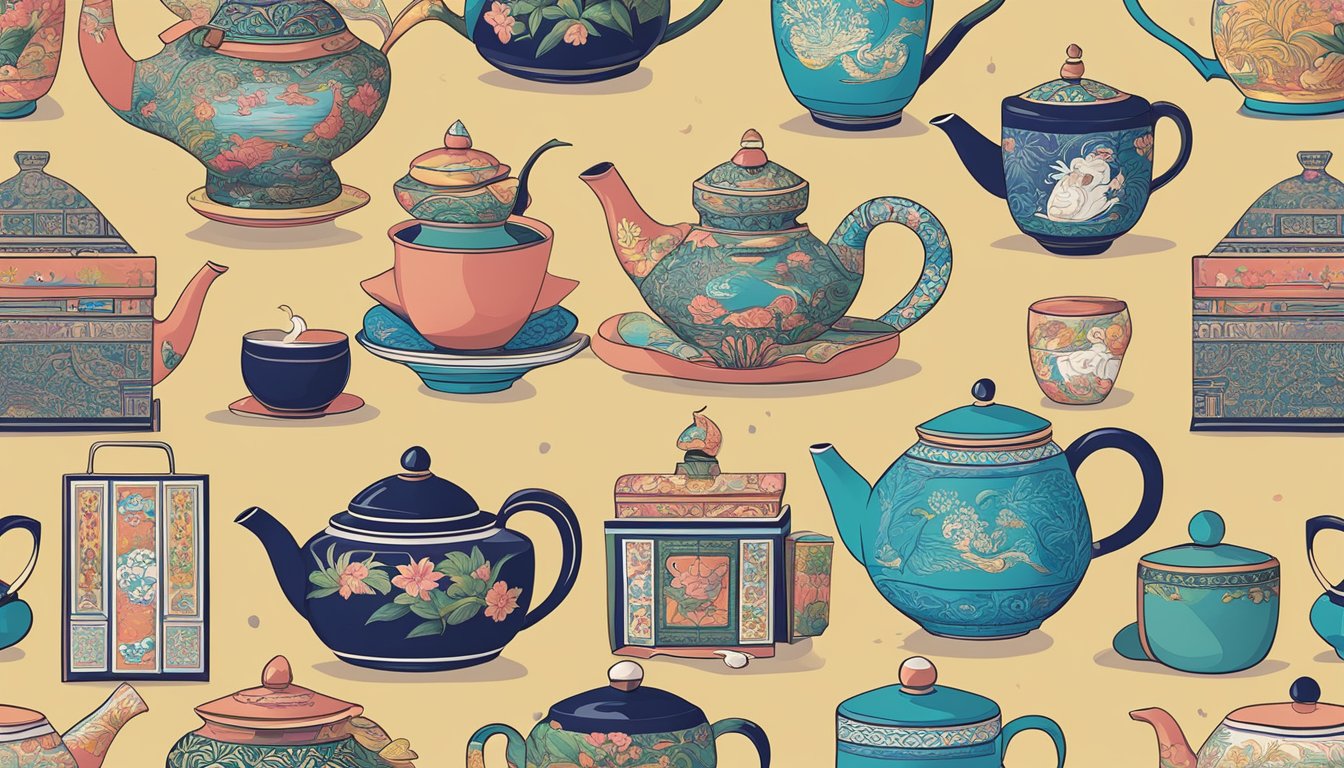 A table displaying various Singapore tea brands with colorful packaging and Asian-inspired motifs. Teapots and cups are arranged alongside the tea boxes