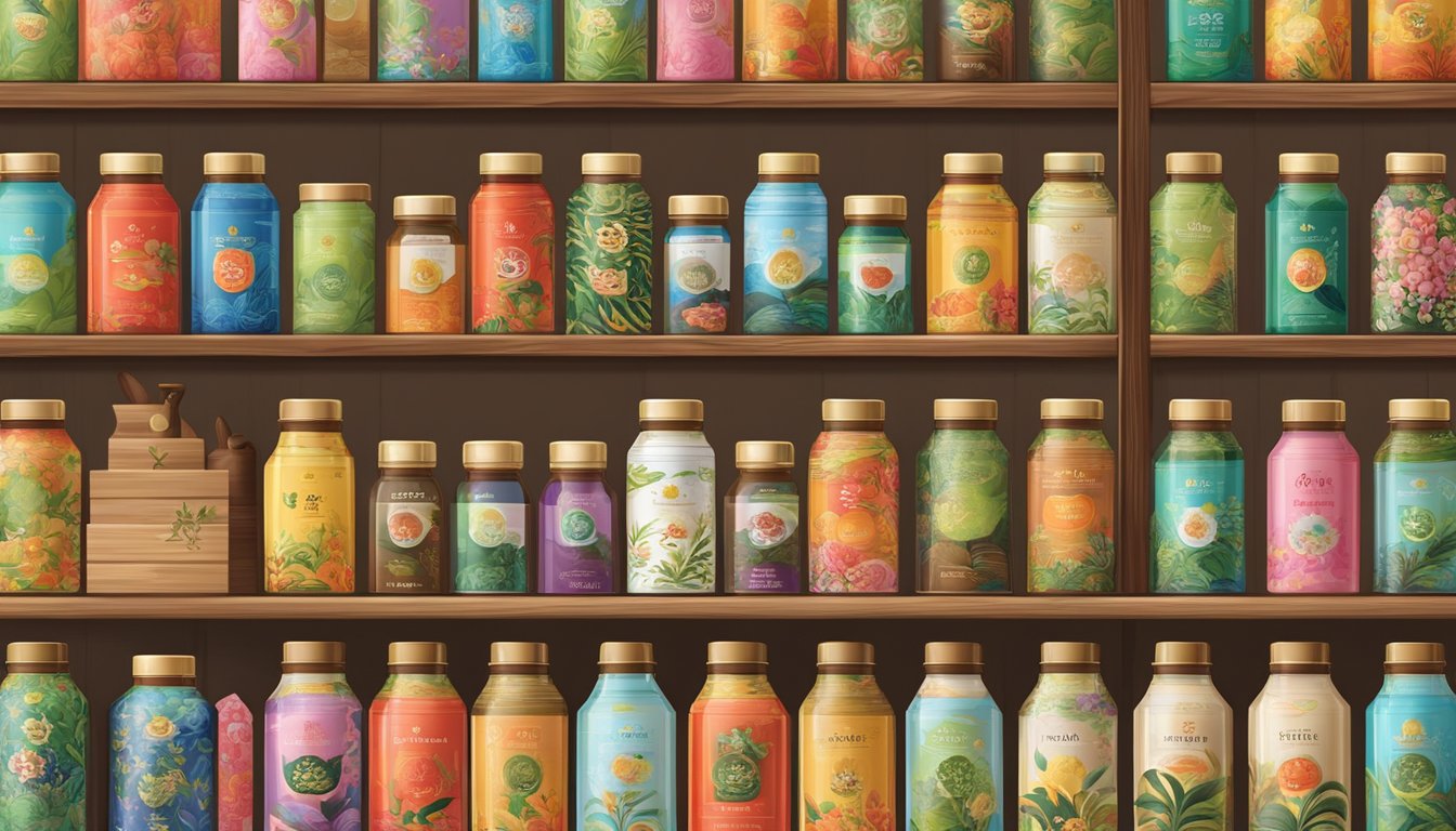 A display of popular Singapore tea brands arranged on a wooden shelf, with colorful packaging and traditional Asian designs