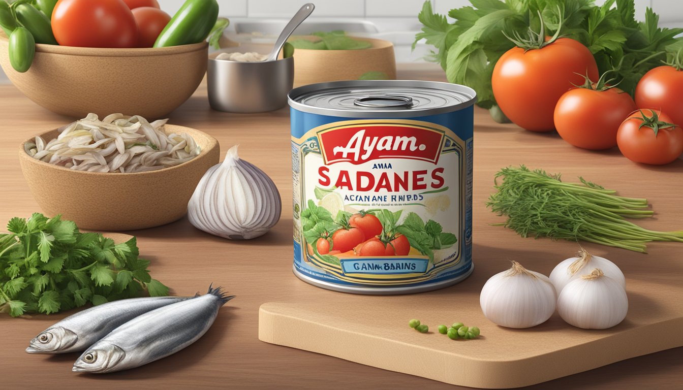 A can of Ayam Brand sardines sits open on a kitchen counter, surrounded by fresh ingredients like tomatoes, onions, and herbs