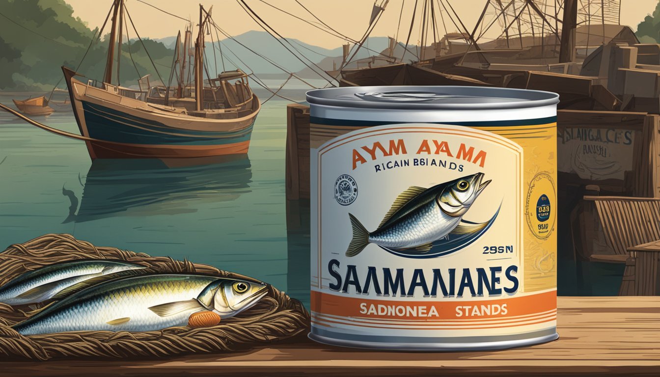 A can of Ayam Brand sardines stands on a rustic wooden table, surrounded by traditional fishing nets and a vintage fishing boat in the background