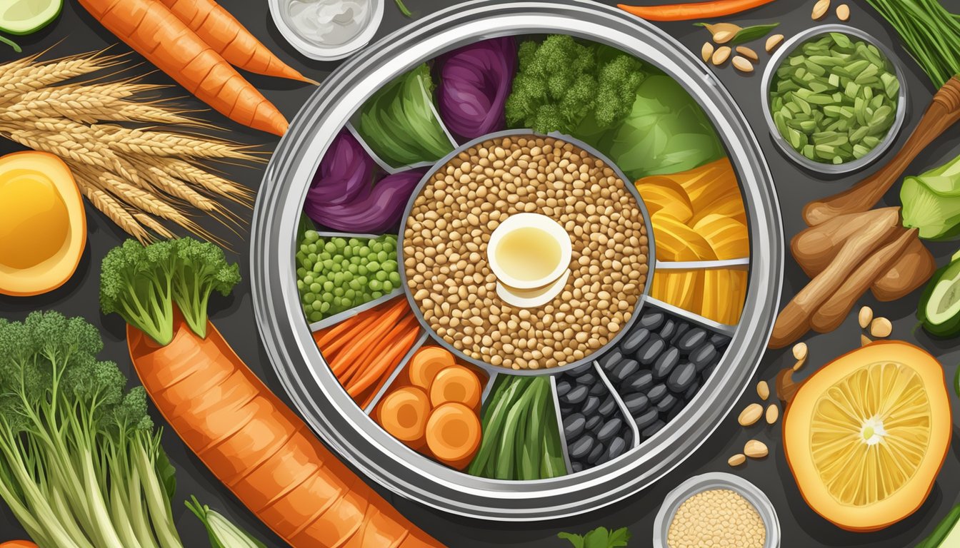 A colorful array of fresh vegetables, whole grains, and omega-3 rich sardines bursting from an open can, surrounded by a halo of healthful benefits