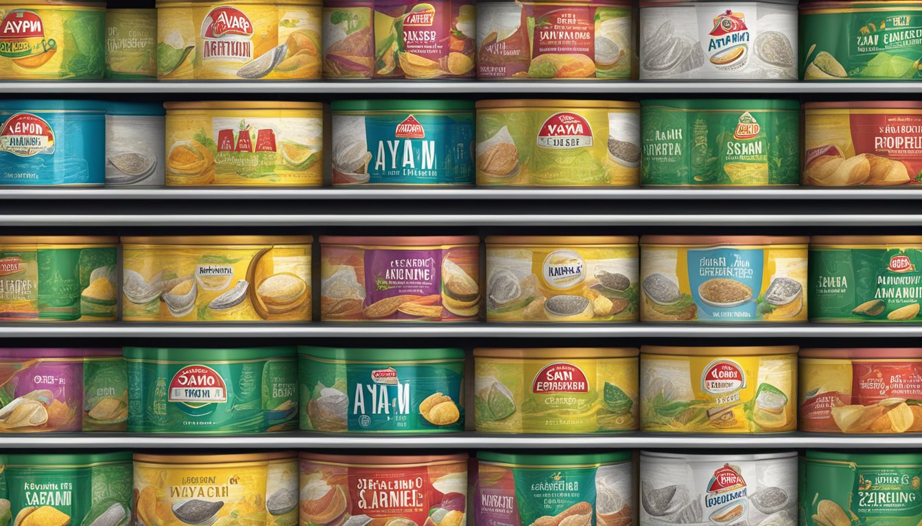 A variety of Ayam Brand sardine cans arranged on a shelf, with different flavors and packaging displayed