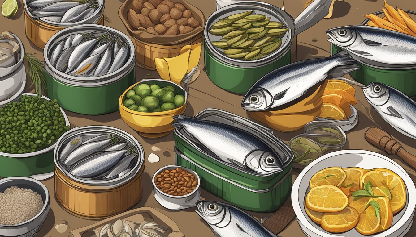 A kitchen counter with open cans of Ayam Brand sardines, surrounded by various cooking utensils and ingredients