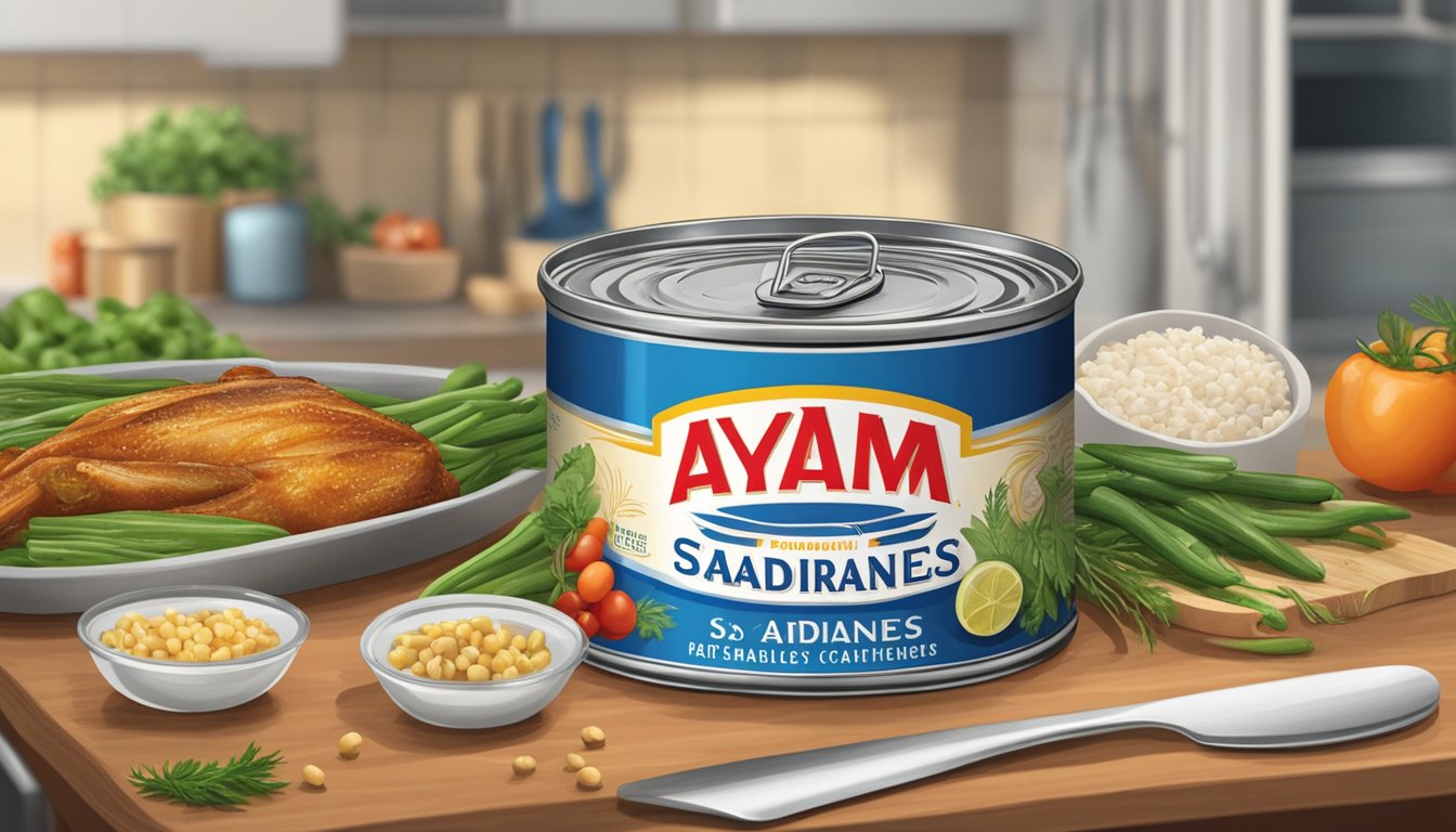 A can of Ayam Brand sardines sits on a kitchen countertop, surrounded by fresh ingredients and cooking utensils. The label prominently displays the brand name and product name