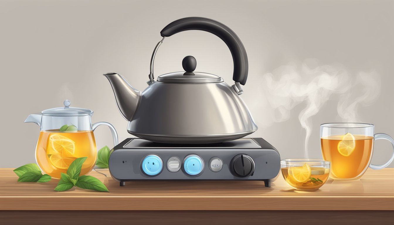 A kettle boils on a gas stove. A teapot sits on a wooden table with loose tea leaves and a timer. A tea infuser is ready