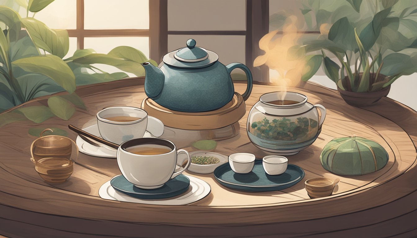A serene tea ceremony with Tea and Lifestyle's Singapore tea brand showcased on a wooden table, surrounded by delicate teacups and a steaming teapot