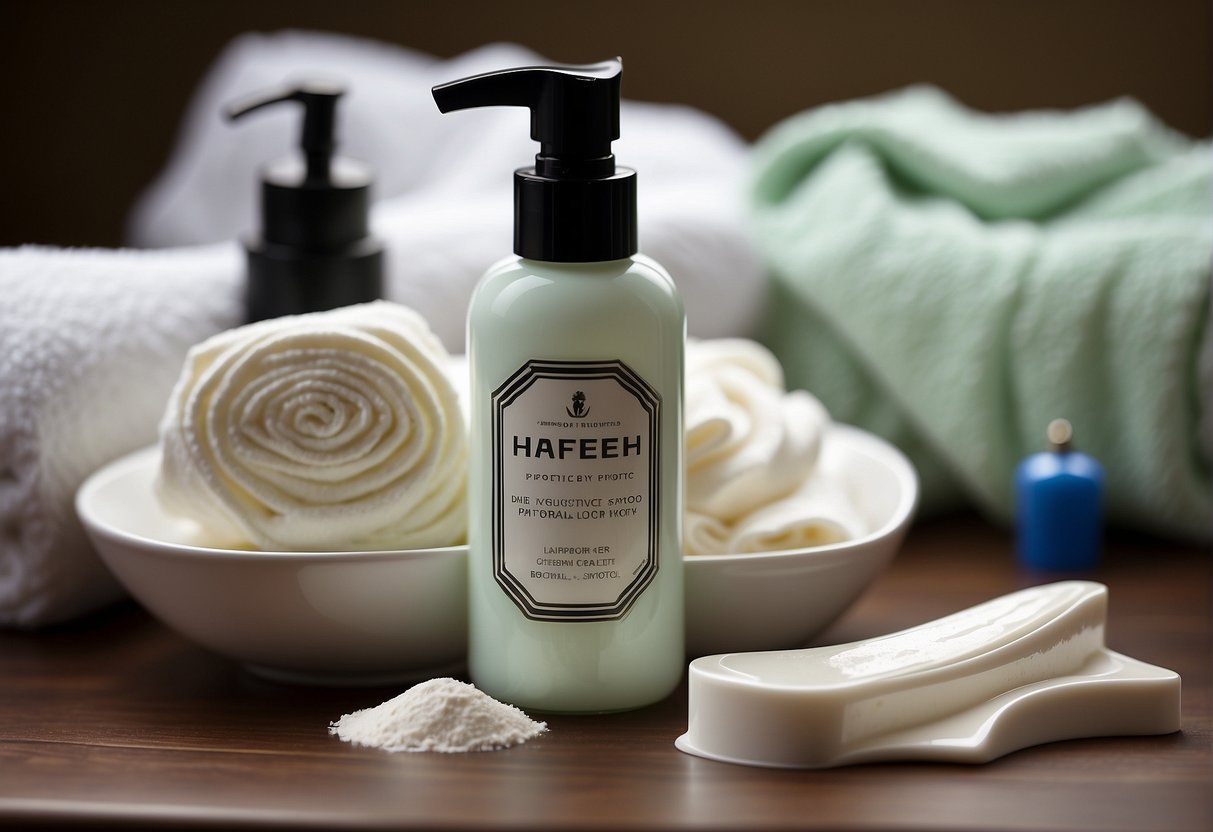 A razor and shaving cream on a bathroom counter with a soft towel and a bottle of lotion