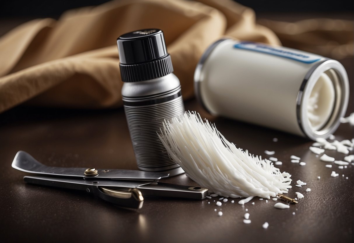 A razor hovers over a patch of pubic hair, surrounded by a bottle of shaving cream and a pair of scissors