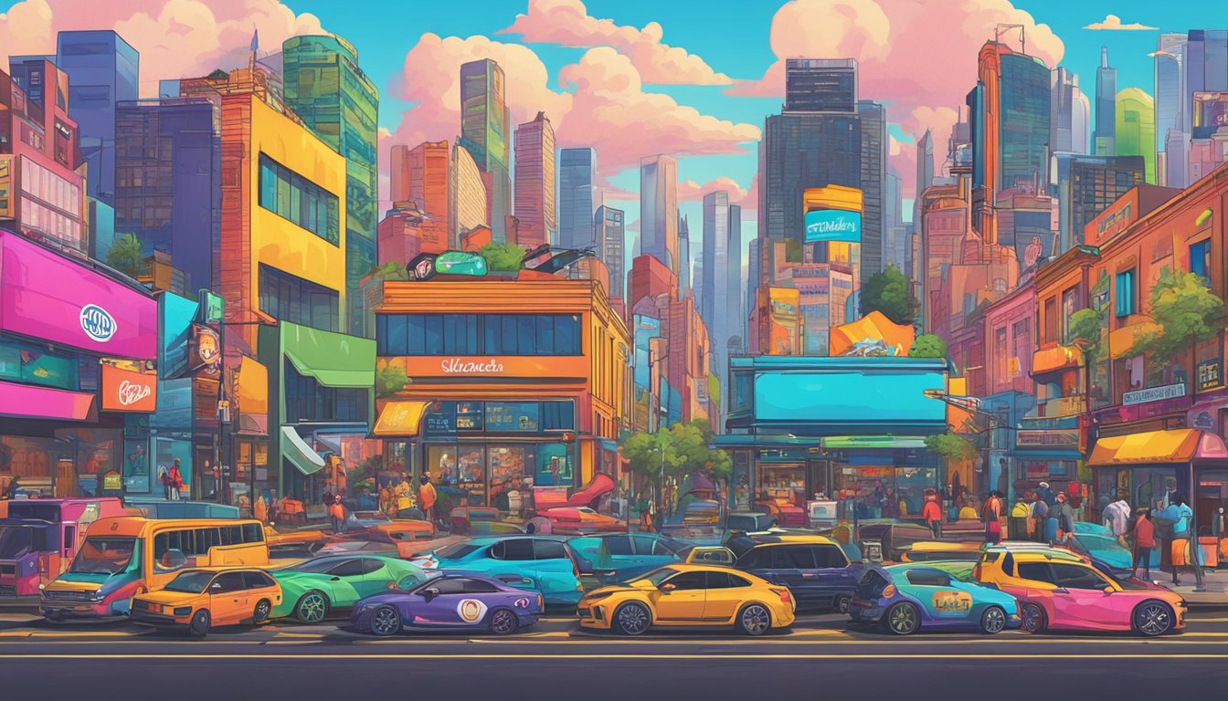 A colorful array of iconic streetwear brands' logos and designs displayed on a vibrant urban cityscape backdrop
