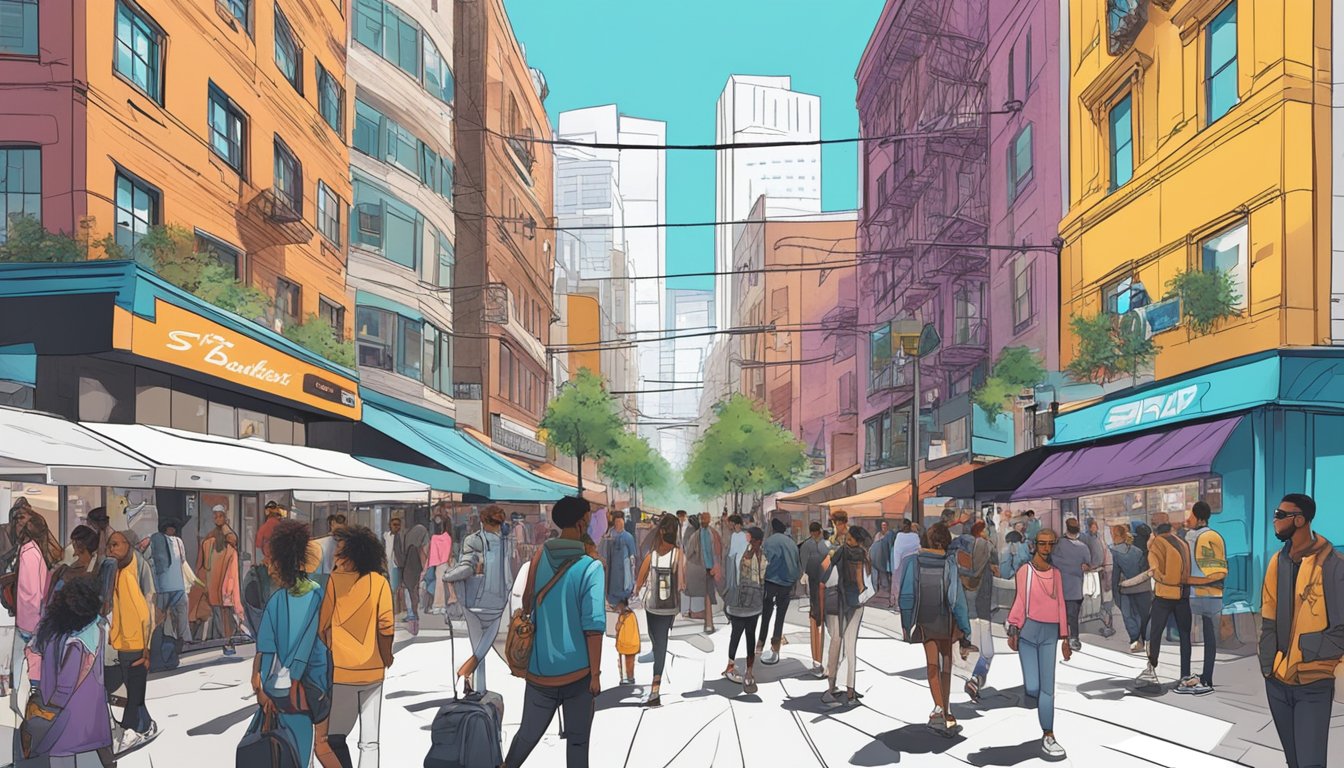 A bustling city street with graffiti-covered walls, trendy boutiques, and stylish pedestrians showcasing the intersection of streetwear and high fashion