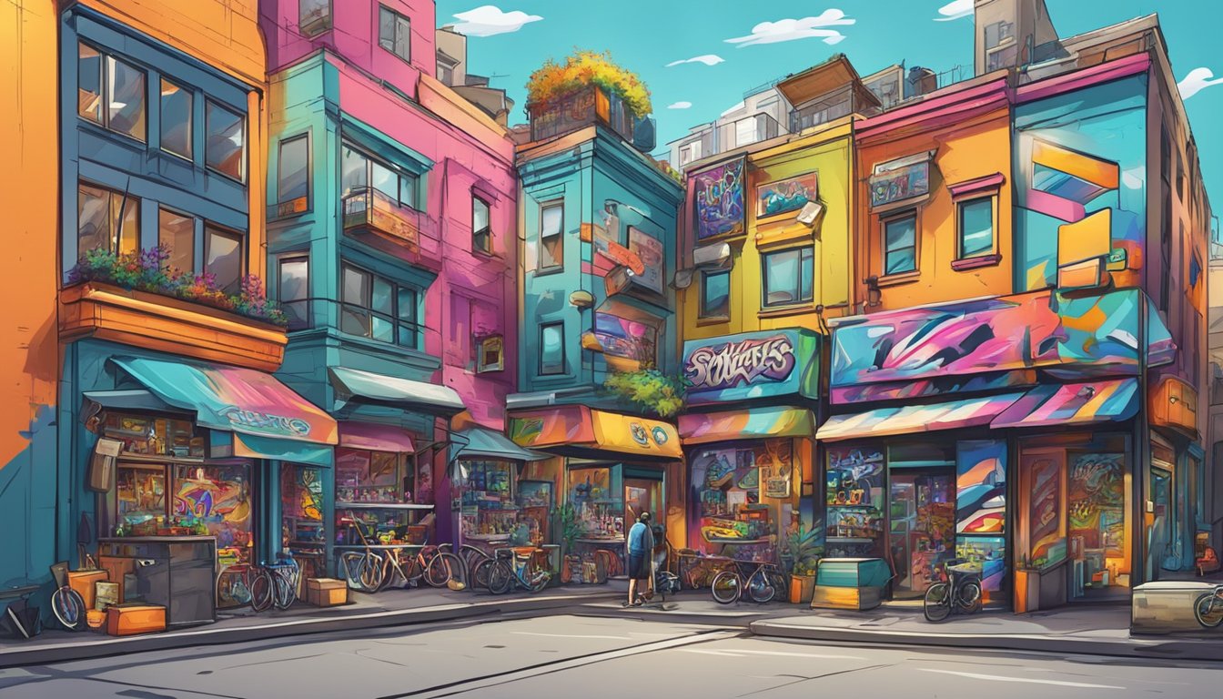 Urban setting with graffiti walls, skateboards, and sneaker store. Bold logos and graphic designs on clothing. Vibrant colors and oversized silhouettes