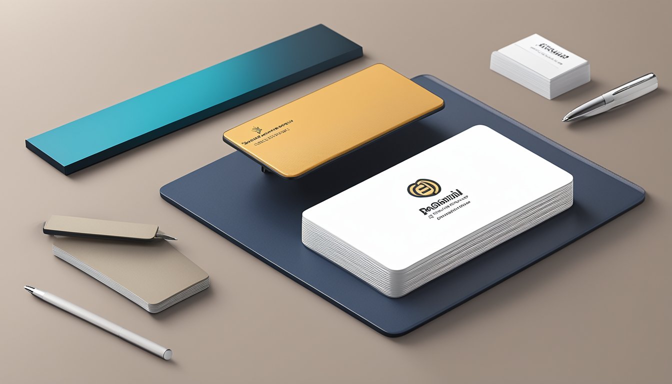 A branded card holder sits on a sleek, modern desk with a pen and a stack of business cards next to it