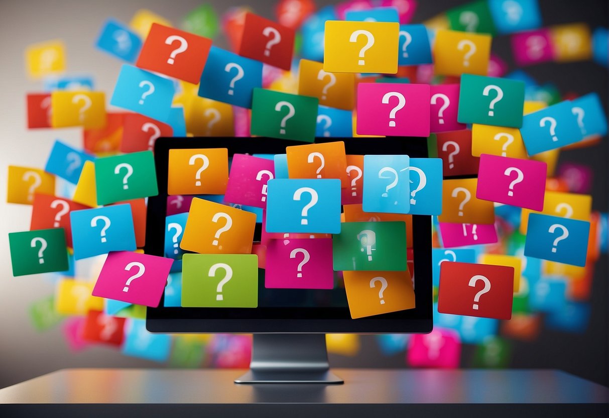 A stack of colorful question marks floating above a computer screen with the words "Frequently Asked Questions" in bold letters