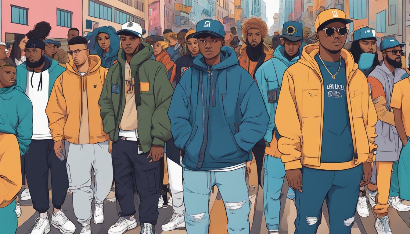 A crowded city street with diverse people wearing various streetwear brands, showcasing the cultural impact and influence of streetwear fashion