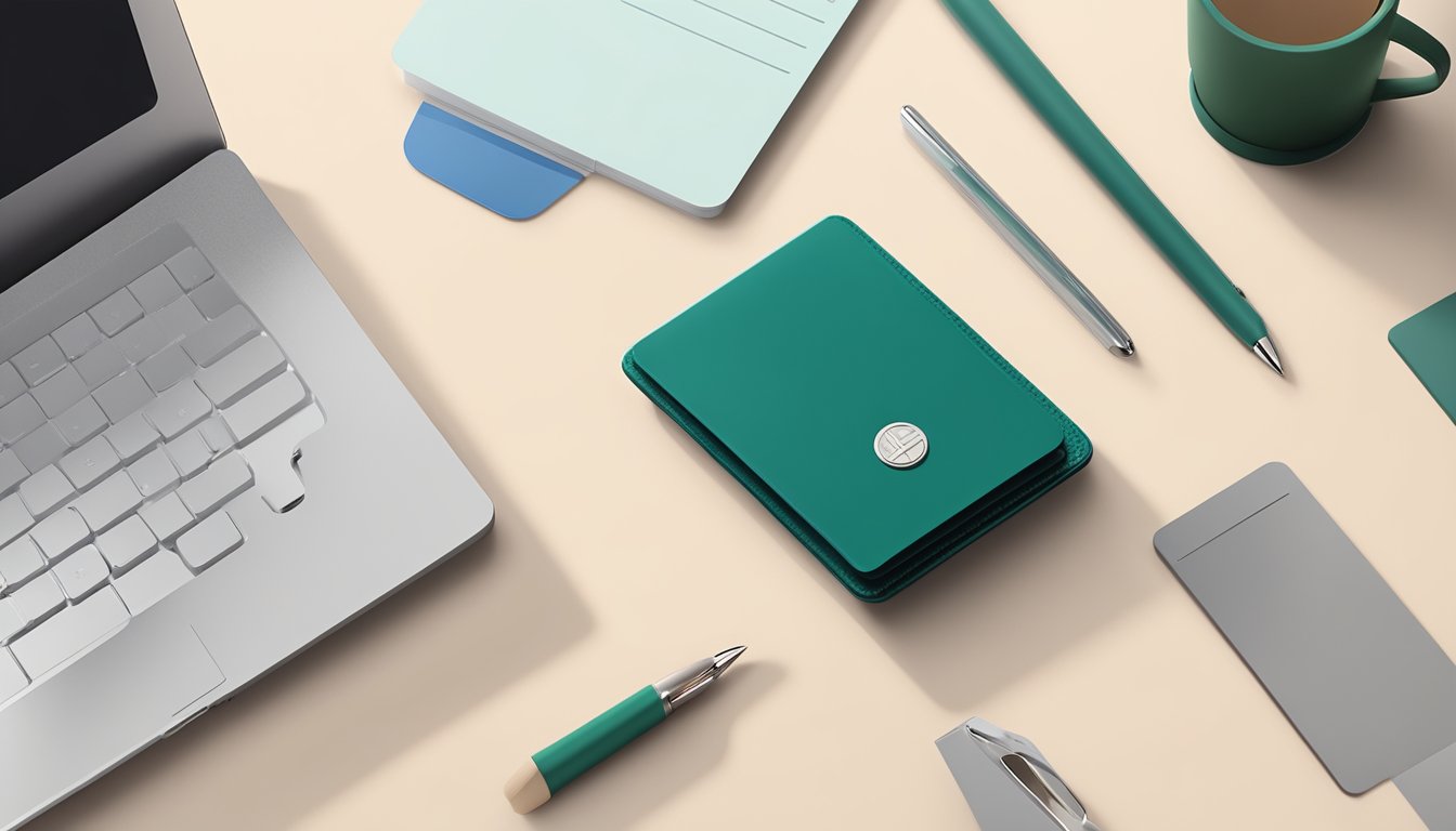 A hand reaches for a sleek branded card holder on a desk, surrounded by other office supplies. The card holder is embossed with a logo and has a modern, minimalist design