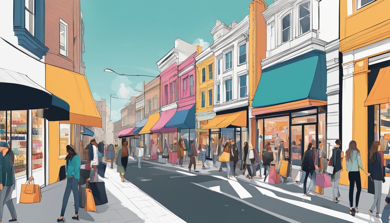 A bustling street lined with trendy shops, showcasing bold and edgy designs. Brightly colored storefronts and eye-catching displays draw in fashion-forward individuals