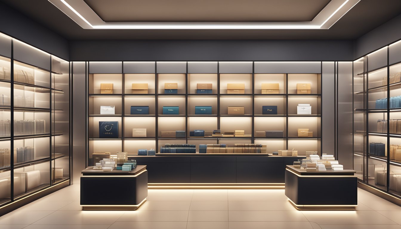 A sleek, modern store interior with shelves displaying various luxury branded cardholders. Soft lighting highlights the elegant designs and high-quality materials