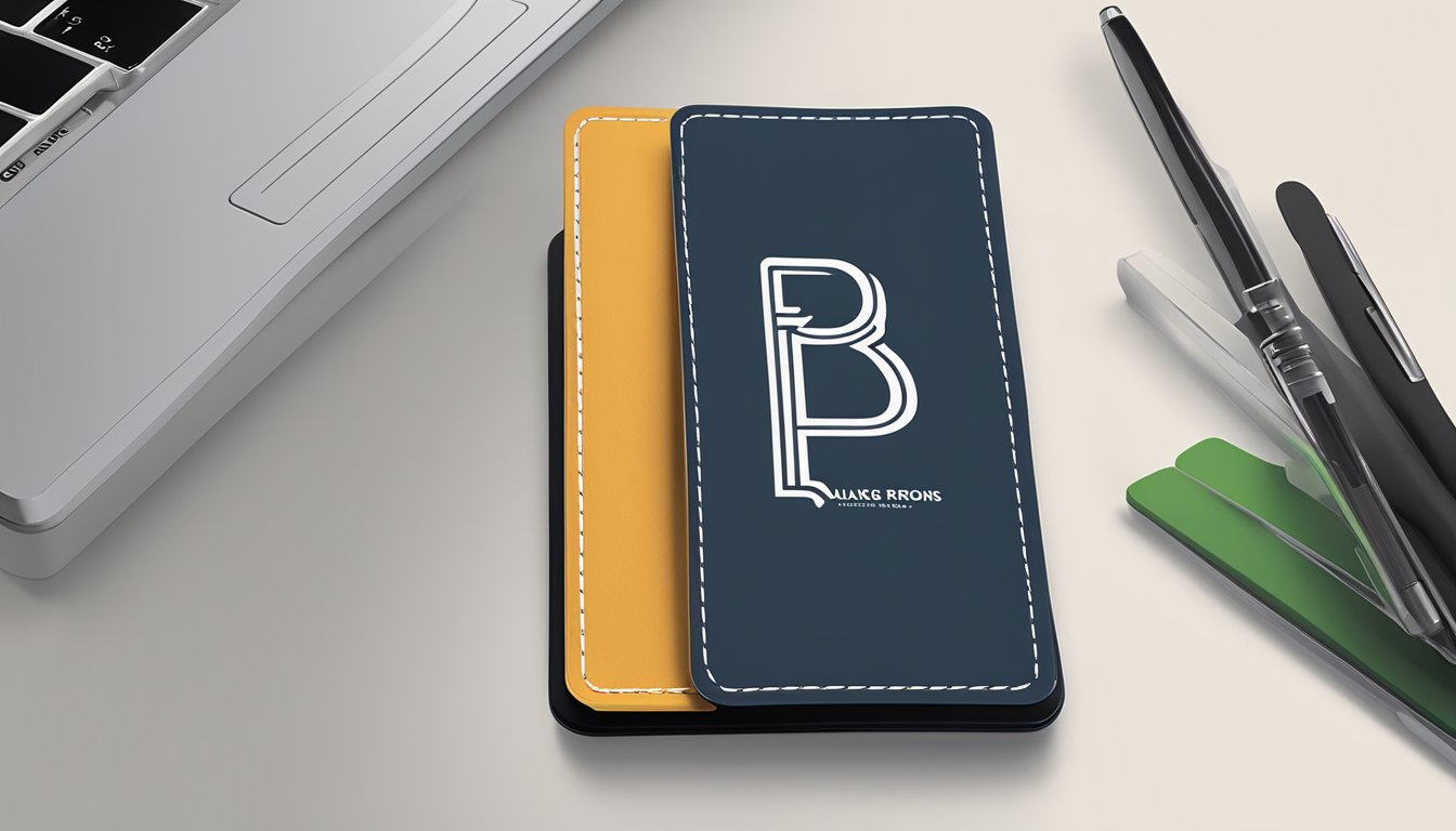A branded card holder sits on a desk, holding multiple cards. The sleek design and logo are prominently displayed