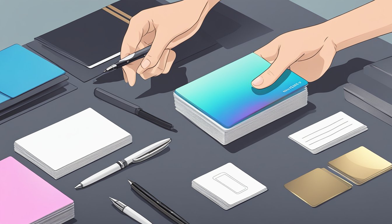 A hand placing a designer card holder on a soft cloth, surrounded by a sleek pen and a stack of business cards