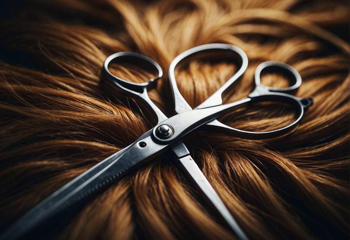 A pair of scissors cutting through a tangle of pubic hair