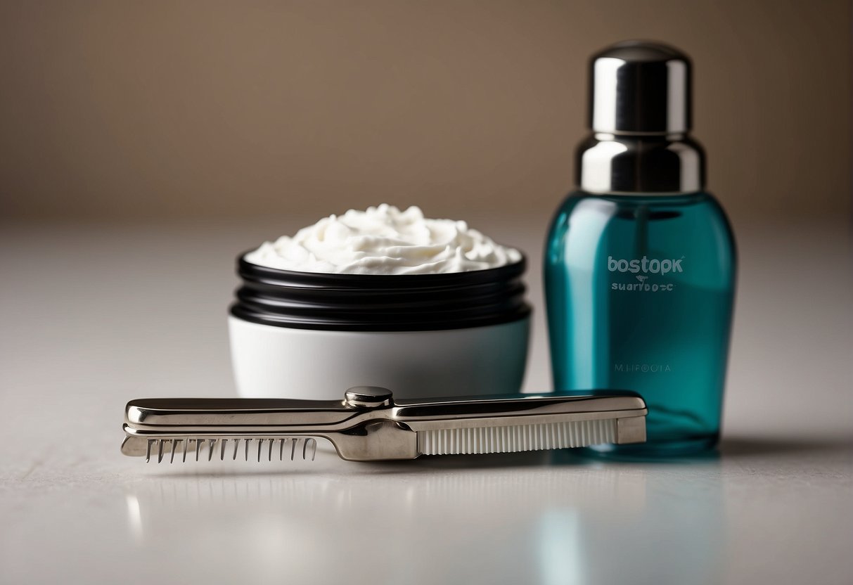 A hand holding a razor, with a tube of shaving cream nearby, next to a pair of tweezers and a waxing strip
