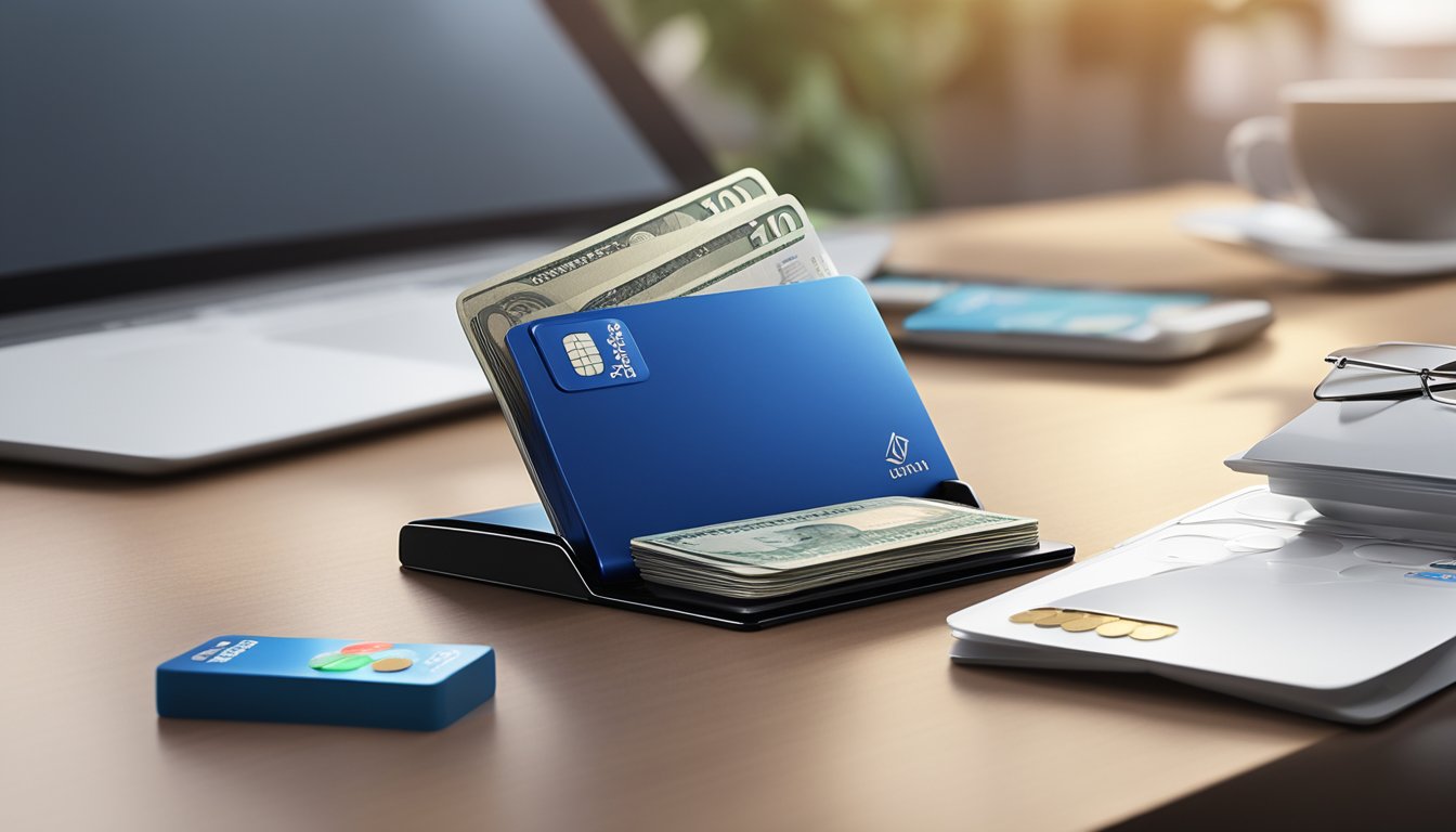 A branded card holder sits on a sleek, modern desk. The logo is prominently displayed, and the holder is surrounded by scattered credit cards and cash