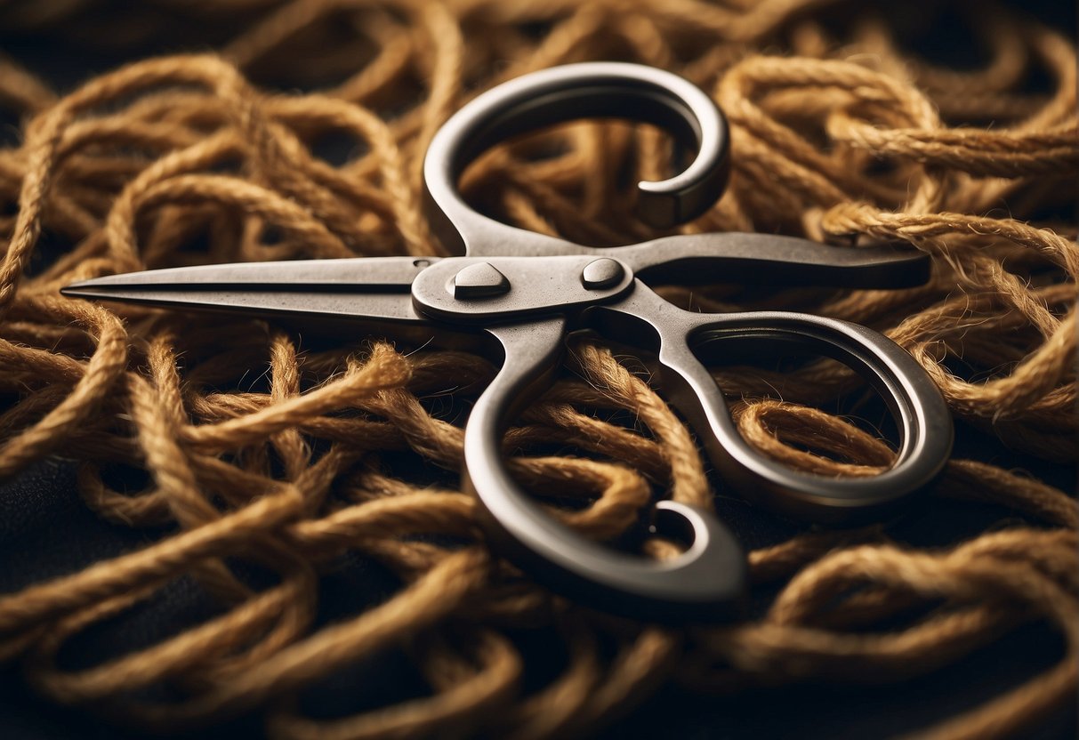 A pair of scissors cutting through a tangle of pubic hair, surrounded by question marks and social media icons