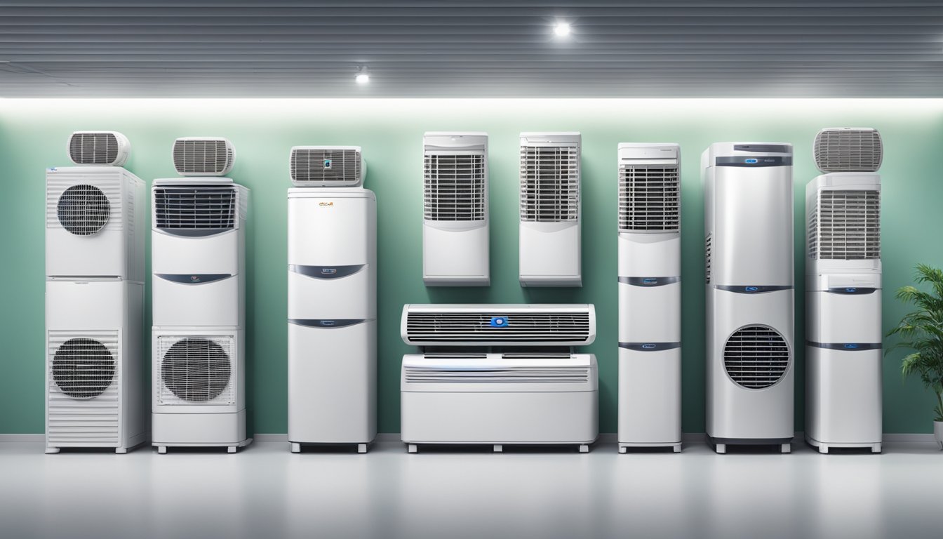 A lineup of top aircon brands and models displayed on shelves in a brightly lit showroom