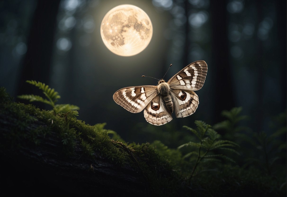 Moths fluttering around a glowing moon in a dark, misty forest